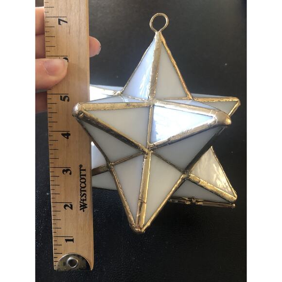 Vtg Stained Glass Moravian Star Hanging Light Holder Hinged Door Missing 1 Panel - Picture 6 of 7